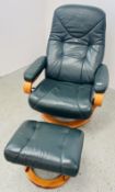 A QUALITY HIMOLLA LEATHER RELAXER CHAIR WITH MATCHING FOOTSTOOL.