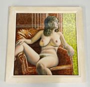 A FRAMED OIL ON BOARD TITLED GARDEN SEAT BEARING SIGNATURE KRYS LEACH, W 31 X H 31.5CM.