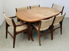 A SUITE OF DANISH MANUFACTURE TEAK DINING FURNITURE TO INCLUDE AN EXTENDING TWIN PEDESTAL DINING