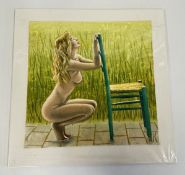 A MOUNTED OIL ON BOARD TITLED GARDEN CHAIR BEARING SIGNATURE KRYS LEACH, W 24 X H 24CM.