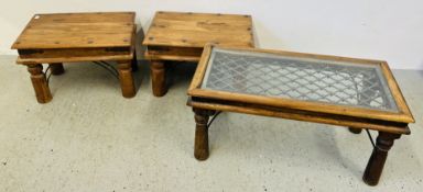 A PAIR OF EASTERN HARDWOOD AND METAL CRAFT COFFEE TABLES + SIMILAR DESIGN GLASS TOP COFFEE TABLE.