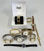 A BASKET OF DESIGNER BRANDED WRIST WATCHES TO INCLUDE EXAMPLES MARKED SEIKO AND BOXED D&G, ETC.