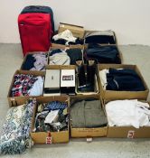 10 BOXES OF ASSORTED CLOTHING TO INCLUDE SHIRTS, FOOTWARE, TIES, BELTS + SUITCASES, ETC.