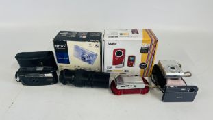 A GROUP OF CAMERAS TO INCLUDE SONY CYBERSHOT, VIVITAR G99HD CAMCORDER, SONY D-SC T10, ETC.