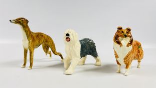 A GROUP OF 3 BESWICK DOG ORNAMENTS TO INCLUDE A COLLIE, SHEEPDOG AND GREYHOUND.
