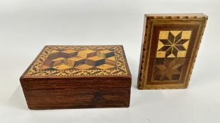 A VINTAGE TUMBRIDGEWARE TUMBLING BLOCKS BOX AND CARD CASE.