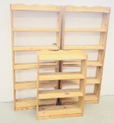 3 GRADUATED PINE BOOKSHELVES INCLUDING 6 TIER, 5 TIER AND 4 TIER.