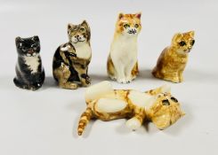 A GROUP OF 5 GLAZED STUDIO POTTERY CATS IN THE WINSTANLEY STYLE.