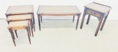 A NEST OF 3 REPRODUCTION MAHOGANY TABLES WITH GLASS TOPS + MATCHING COFFEE TABLE + REPRODUCTION