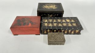 FOUR ANTIQUE ORIENTAL BOXES TO INCLUDE JAPANESE RED LACQUER CHRYSANTHEMUM CHINESE LACQUER AND