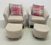 A PAIR OF DESIGNER GREY TWEED TUB CHAIRS WITH MATCHING FOOTSTOOLS.