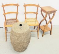 HAND CRAFTED TWISTED SUPPORT PLANT STAND, PAIR OF WOVEN SEATED CHAIRS AND WICKER LAUNDRY BIN.