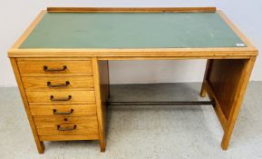VINTAGE SOLID OAK 5 DRAWER DESK WITH INSET GREEN TOP, W 122CM X D 61CM X H 72CM.