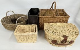 A GROUP OF ASSORTED WICKER BASKETS + A FAUX LEATHER LETTER RACK.