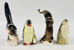 A GROUP OF 3 USSR ORNAMENTS TO INCLUDE PENGUINS AND AN OTTER EXAMPLE + A USSR PORCELAIN MAGPIE