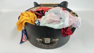 A VINTAGE HAT BOX CONTAINING ASSORTED SCARVES TO INCLUDE ANNE KLEIN, LAURA ASHLEY ETC.