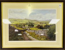 A FRAMED AND MOUNTED PRINT DEPICTING RIBBLESDALE & INGLEBOROUGH BEARING PENCIL SIGNATURE KEITH