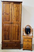 SOLID PINE TWO DOOR WARDROBE WITH SINGLE DRAWER BASE,