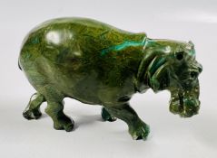 A CARVED AND POLISHED JADE TYPE HIPPOPOTAMUS SCULPTURE, L 10 X H 5CM (EAR NIBBLES).