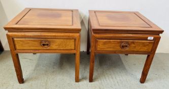 A PAIR OF REPRODUCTION MING STYLE CHINESE LAMP TABLES WITH SINGLE DRAWER FEATURING CARVED LONG LIFE