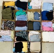 18 X BOXES OF ASSORTED LADIES CLOTHING TO INCLUDE BLAZERS, JUMPERS, T-SHIRTS, SHIRTS, SKIRTS,