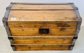A VINTAGE WAXED PINE DOME TOP METAL BOUND TRUNK, W 68CM, D 43CM, H 47CM.