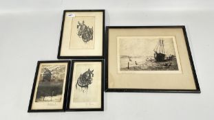 A GROUP OF 4 VINTAGE FRAMED ETCHINGS OF LOCAL INTEREST BEARING PENCIL SIGNATURE W. RAWSON.