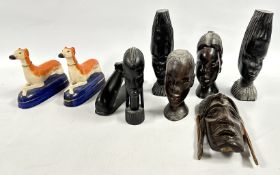 TWO PAIRS OF ETHNIC CARVED HARD WOOD BUSTS + ONE OTHER AND AN ETHNIC MASK ETC.