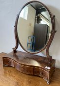 ANTIQUE GEORGIAN OVAL DRESSING TABLE MIRROR WITH SERPENTINE THREE DRAWER BASE, W 49CM.