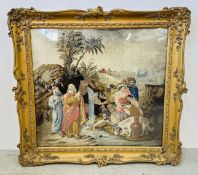 AN IMPRESSIVE GILT FRAMED NEEDLEPOINT TAPESTRY DEPICTING THE BIBLICAL SCENE,