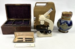 A VINTAGE LEATHER BOUND JEWELLERY BOX, A CASED SET OF SHEAFFER CONCORDE RELATED PEN / PENCILS,