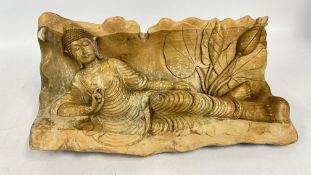 A HAND CARVED HARDWOOD RECLINING BUDDHA SCULPTURE, L 52 X H 24CM.