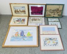 A GROUP OF FRAMED AND UNFRAMED ORIGINAL WORKS TO INCLUDE CARICATURES + A LARGE FRAMED WATERCOLOUR