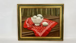 STILL LIFE OIL PAINTING OF EGGS IN A BOWL, UNSIGNED, W 40 X H 30CM.