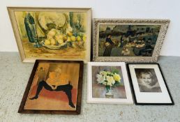 A GROUP OF FRAMED PICTURES AND PRINTS TO INCLUDE AN ORIGINAL STILL LIFE OIL ON BOARD BEARING