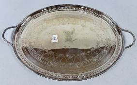 A GOOD QUALITY SILVER PLATED OVAL SERVING TRAY, OVERALL LENGTH 59CM,