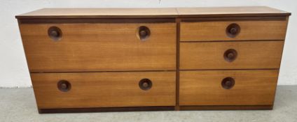 A MID CENTURY TEAK FINISH SIDEBOARD, 3 DRAWERS WITH DESK SLIDE BESIDE SINGLE DRAWER AND CUPBOARD,