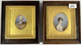 TWO ANTIQUE FRAMED AND MOUNTED MINIATURE PORTRAIT WATERCOLOURS,