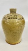 AN ANTIQUE STONEWARE SLIP GLAZED FLAGON TITLED 