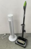 A GTECH AIR RAM AND CHARGER AND A PIFCO TOWER STYLE FAN - SOLD AS SEEN.