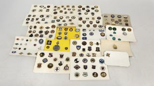 A BOX CONTAINING A COLLECTION OF ASSORTED MODERN AND VINTAGE ENAMEL SPORTING RELATED BADGES TO