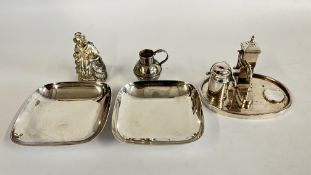 UNUSUAL SILVER PLATED CRUET SET OF A WATERPUMP AND PALES WITH A DIAMOND REG MARK,