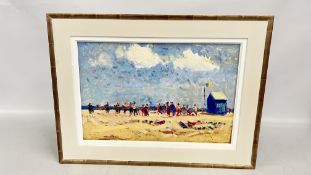 A FRAMED OIL PAINTING TITLED 'THE DONKEY'S ON YARMOUTH BEACH' SIGNED CHATTEN, 34CM X 52CM.