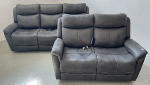 MODERN ADJUSTABLE 3 SEATER AND 2 SEATER SOFAS, UPHOLSTERED IN A SLATE GREY FAUX SUEDE.