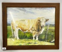 A FRAMED OIL ON BOARD DEPICTING A COW, INDISTINCT SIGNATURE, W 49 X H 39CM.