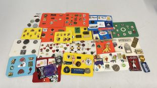 A BOX CONTAINING A COLLECTION OF ASSORTED MODERN AND VINTAGE ENAMEL BADGES DISPLAYED ON CARD