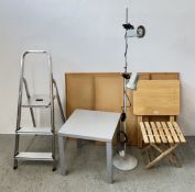 THREE FRAMED CORK NOTICE BOARDS + TWO FOLDING OCCASIONAL TABLES AND AN ADJUSTABLE FLOOR STANDING