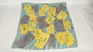 A VINTAGE SILK SCARF FEATURING FASHION ILLUSTRATIONS.