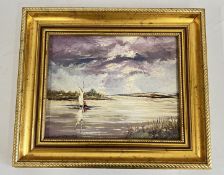A GILT FRAMED OIL ON BOARD DEPICTING A RIVER SCENE WITH SAILING BOAT IN THE FOREGROUND,