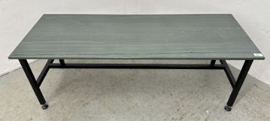 MID CENTURY STONE TOP COFFEE TABLE ON METAL WORK BASE, W 122CM X D 46CM.